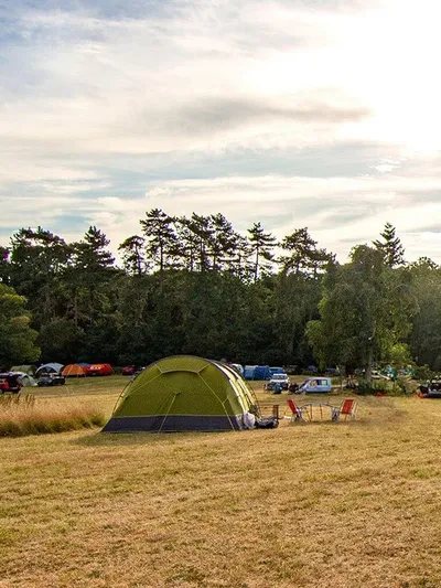 Family tent pitched on dry grass beside a hedge at the Hinton farm campsite