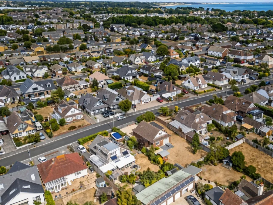 Aerial view of residential streets and gardens in the Mudeford area of Christchurch